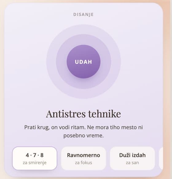 Ekran aplikacije: antistres tehnike disanja
