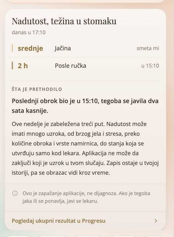 Ekran aplikacije: dnevnik simptoma, nadutost i težina u stomaku sa zapažanjem aplikacije