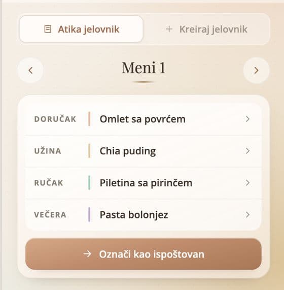 Ekran aplikacije: Atika jelovnik, meni za jedan dan