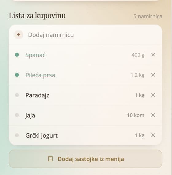 Ekran aplikacije: lista za kupovinu