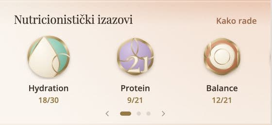Ekran aplikacije: nutricionistički izazovi, hidratacija, protein i balans