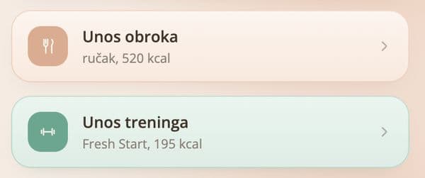 Ekran aplikacije: unos obroka i unos treninga